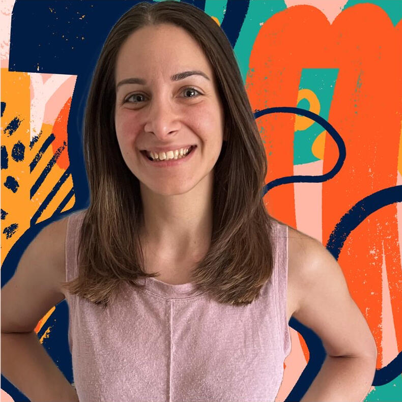 AJ with shoulder-length brown hair and a pink tank top smiles at the camera against a colorful abstract background.